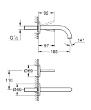 Внешняя часть смесителя для раковины GROHE Atrio Joy настенного монтажа на 2 отверстия, темный графит матовый (19287AL3)