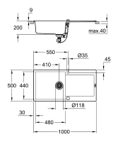 Мойка GROHE K500 с одной чашей, 1000 x 500 мм, серый гранит (31645AT0)