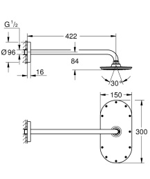 Верхний душ GROHE Rainshower Veris 300x150, 1 режим, 422 мм, белая луна (26170LS0)