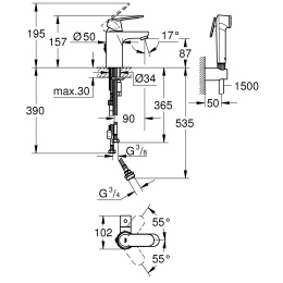 Смеситель для раковины GROHE Eurosmart Cosmopolitan с гигиеническим душем, S-size, хром (23950000)