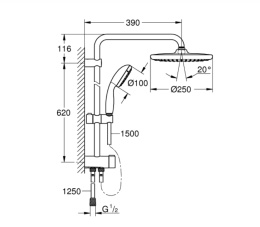 Душевая система с переключателем настенного монтажа GROHE QuickFix Vitalio Start 250, хром (26817000)