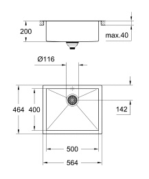 Мойка из нержавеющей стали 50 см, 1 чаша, без корзинчатого вентиля, K700 Cube (31579SD0)