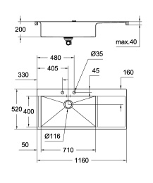 Мойка GROHE из нержавеющей стали с корзинчатым вентилем, расположение основной чаши слева, K1000 80-S 116/52 1.0 (31581SD0)