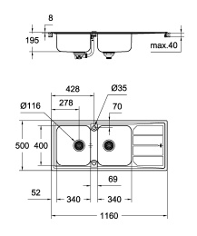 Мойка GROHE из нержавеющей стали с корзинчатым вентилем, оборачиваемая, 2 чаши, K500  80 -S 116/50 2.0 (31588SD0)