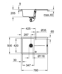 Мойка GROHE K400, 780 x 500 мм, серый гранит (31639AT0)