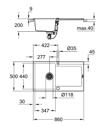 Мойка GROHE K500 с одной чашей, 860 x 500 мм, серый гранит (31644AT0)