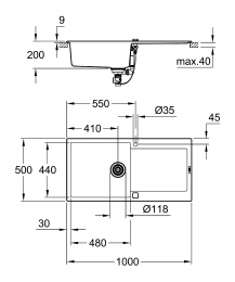 Мойка GROHE K500 с одной чашей, 1000 x 500 мм, черный гранит (31645AP0)