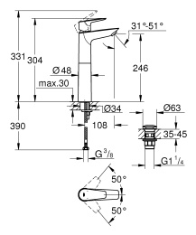 Смеситель для раковины GROHE Start Edge QuickFix с нажимным донным клапаном, XL-Size, хром (23777001)