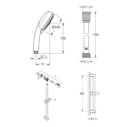 Душевой гарнитур GROHE Tempesta Cosmopolitan 100, 3 режима струи, душевая штанга 600 мм, 9,5 л/мин, хром (27579002)