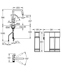 Смеситель для кухонной мойки GROHE Blue Pure Eurosmart с функцией фильтрации, с фильтром обратного осмоса с минерализацией в комплекте, хром (30587000)