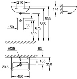 Раковина подвесная GROHE Bau Edge 45 см, альпин-белый (39806000)