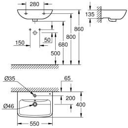 Раковина подвесная GROHE Bau Edge 55 см, альпин-белый (39807000)