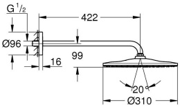 Верхний душ GROHE Rainshower Mono 310, 9,5 л/мин, 1 режим, 422 мм, фантомный черный (22121KF0)