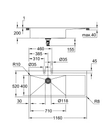 Мойка GROHE K1000 80-S 116/52 1.0 с корзинчатым вентилем, нержавеющая сталь (31581SD1)