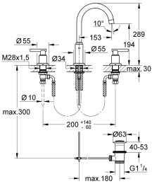 Смеситель для раковины GROHE Atrio Jota двухвентильный на 3 отверстия, с донным клапаном, хром (20009000)