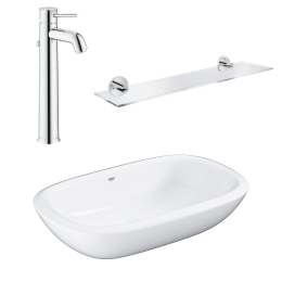 Комплект для ванной GROHE: раковина, смеситель и полка, альпин-белый/хром (NC0011)