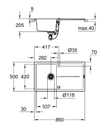 Мойка GROHE K400, 860 x 500 мм, черный гранит (31640AP0)