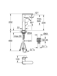 Смеситель для раковины GROHE Plus, размер L, с донным клапаном, хром (23844004)