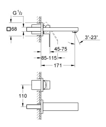 Внешняя часть смесителя для раковины GROHE Eurocube на 2 отверстия, S-Size, хром (19895000)