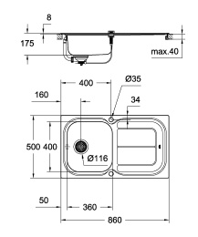 Мойка из нержавеющей стали с корзинчатым вентилем, K300 45-S 86/50 (31563SD0)
