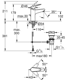 Смеситель для раковины GROHE Euroeco с донным клапаном, размер M, хром (24265001)
