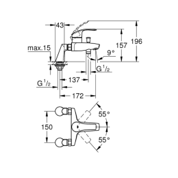 Смеситель для ванны GROHE Eurosmart на 2 отверстия, на борт ванны с вертикальным подключением, хром (33303002)