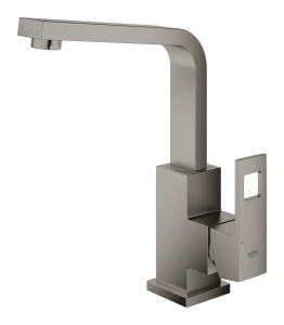 Смеситель для раковины GROHE Eurocube с донным клапаном и высоким изливом, темный графит матовый (23135AL0)