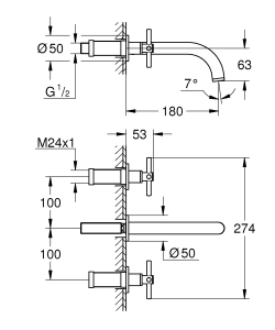 Внешняя часть смесителя для раковины GROHE Atrio настенного монтажа на 3 отверстия, двухвентильный, суперсталь (20164DC3)