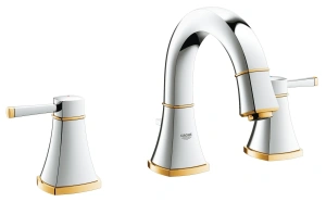 Смеситель для раковины GROHE Grandera на 3 отверстия, с донным клапаном и низким изливом, хром/золото (20417IG0)