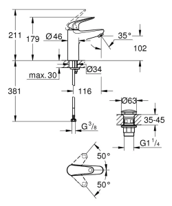 Смеситель для раковины GROHE Euroeco, с донным клапанном, размер M, хром (24267001)
