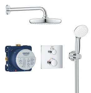 Набор для комплектации душа GROHE Grohtherm: встраиваемый Термостатический смеситель с переключателем верхний-ручной душ, квадратная розетка, верхний душ Tempesta 210 с кронштейном, ручной душ с подключением и шлангом, хром (34729000)