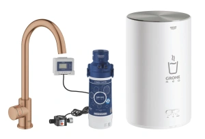Комплект для кухни GROHE Red Mono II с бойлером M-size, с вертикальным вентилем с C-образным изливом, теплый закат матовый (30085DL1)