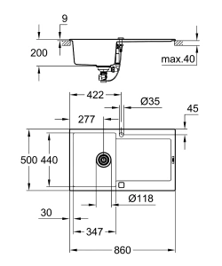 Мойка GROHE K500 с одной чашей, 860 x 500 мм, черный гранит (31644AP0)