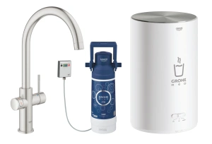 Комплект для кухни GROHE Red Duo с C-образным смесителем, бойлером M-Size и фильтром, суперсталь (30083DC1)
