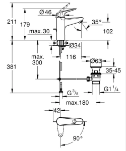 Смеситель для раковины GROHE Euroeco, с донным клапанном, размер M, хром (24268001)