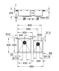 Мойка из нержавеющей стали GROHE K700 с 2 чашами, 860 x 500 мм, хром (31855SD0)