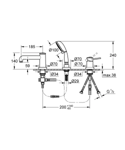 Смеситель для ванны GROHE BauClassic на 3 отверстия, на край ванны, хром (2511800A)