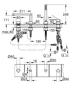 Смеситель для ванны GROHE Plus на 4 отверстия, на край ванны, темный графит матовый (29307AL3)