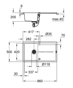 Мойка GROHE K400, 860 x 500 мм, серый гранит (31640AT0)