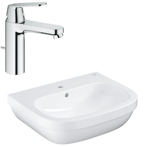 Раковина GROHE Euro Ceramic + Смеситель для раковины GROHE Eurosmart Cosmopolitan с донным клапаном, средний излив (NC0004)