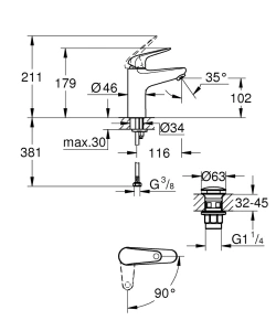 Смеситель для раковины GROHE Euroeco, с донным клапанном, размер M, хром (24269001)