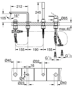 Смеситель для ванны GROHE Lineare на 4 отверстия, на край ванны, суперсталь (19577DC1)