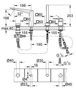 Смеситель для ванны GROHE Allure Brilliant на 4 отверстия, на край ванны, суперсталь (19787DC1)