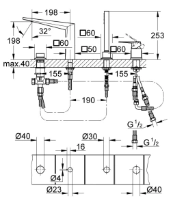 Смеситель для ванны GROHE Allure Brilliant на 4 отверстия, на край ванны, темный графит матовый (19787AL1)