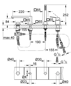 Смеситель для ванны GROHE Eurocube на 4 отверстия, на край ванны, суперсталь (19897DC1)