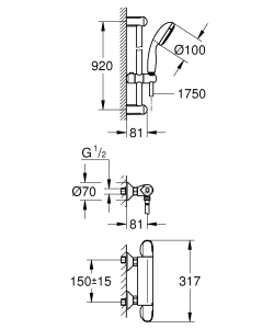 Термостат для душа GROHE Grohtherm 1000 с душевым гарнитуром, хром (34824004)