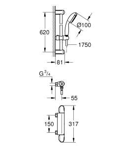 Термостат для душа GROHE Grohtherm 1000 с душевым гарнитуром, хром (34819004)