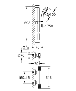 Термостат для душа GROHE Grohtherm 1000 Performance с душевым гарнитуром, хром (34835000)