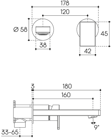 Смеситель для раковины Aqueduto GEOMETRICO GEO0445 настенного монтажа со скрытой частью, оружейная сталь