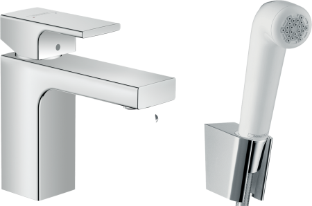 Смеситель для раковины hansgrohe Vernis Shape 100 без сливного гарнитура, с гигиеническим душем 71216000, хром